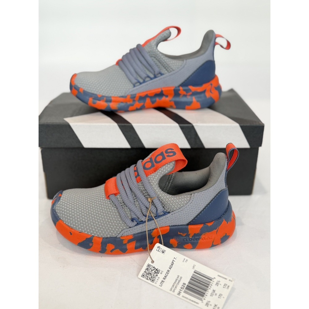 Adidas Boys Lite Racer Adapt 7.0K Kids Size 11K Grey Orange Slip On Sneakers